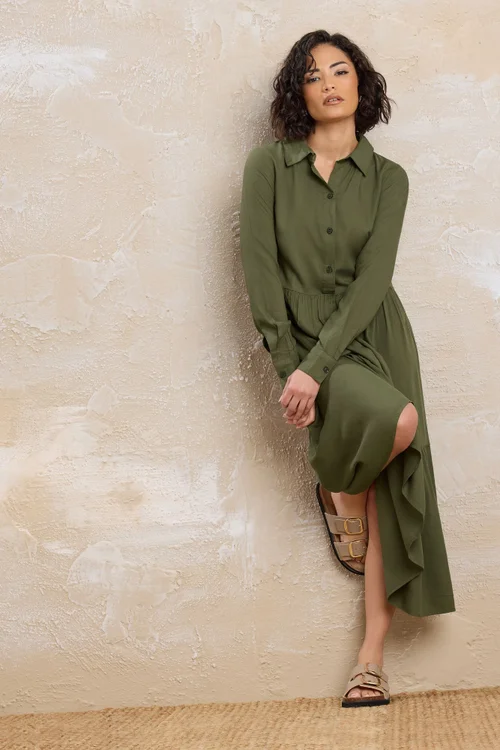 PixieGirl Petite Khaki Green Sleeved Smock Dress - 10 Image 2