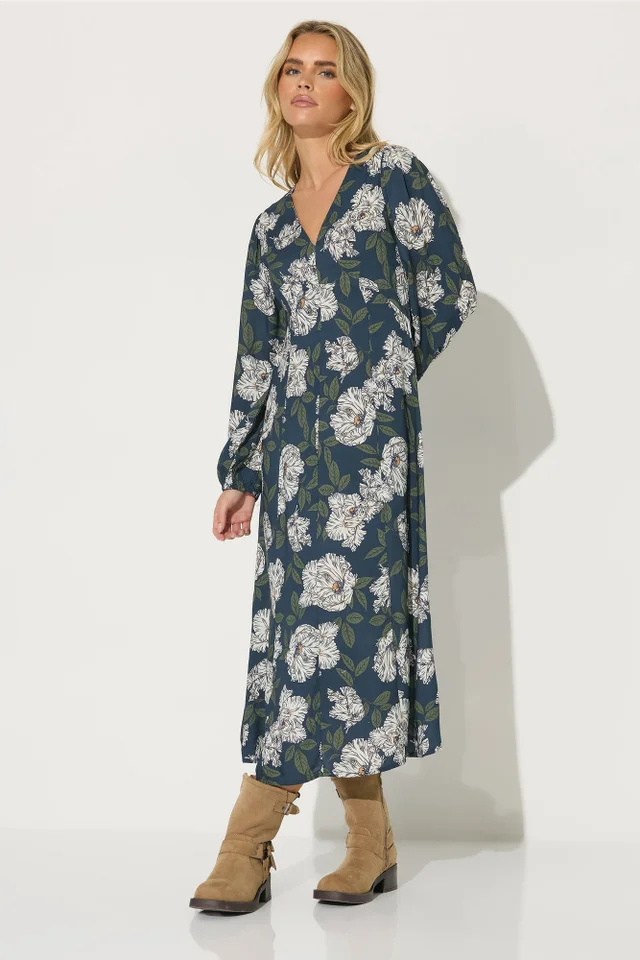 PixieGirl Petite Navy Blue Floral Midi Tea Dress