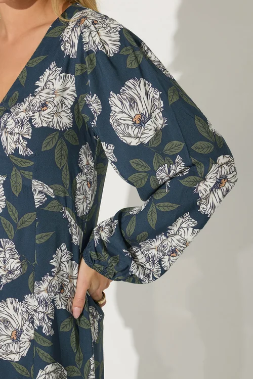 PixieGirl Petite Navy Blue Floral Midi Tea Dress - 6 Image 4