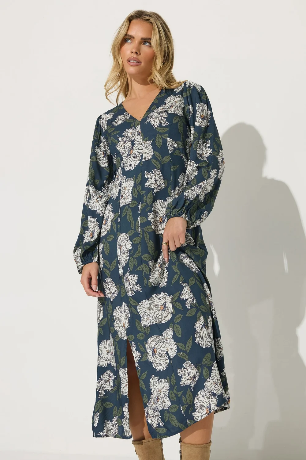 PixieGirl Petite Navy Blue Floral Midi Tea Dress - 6 Image 1