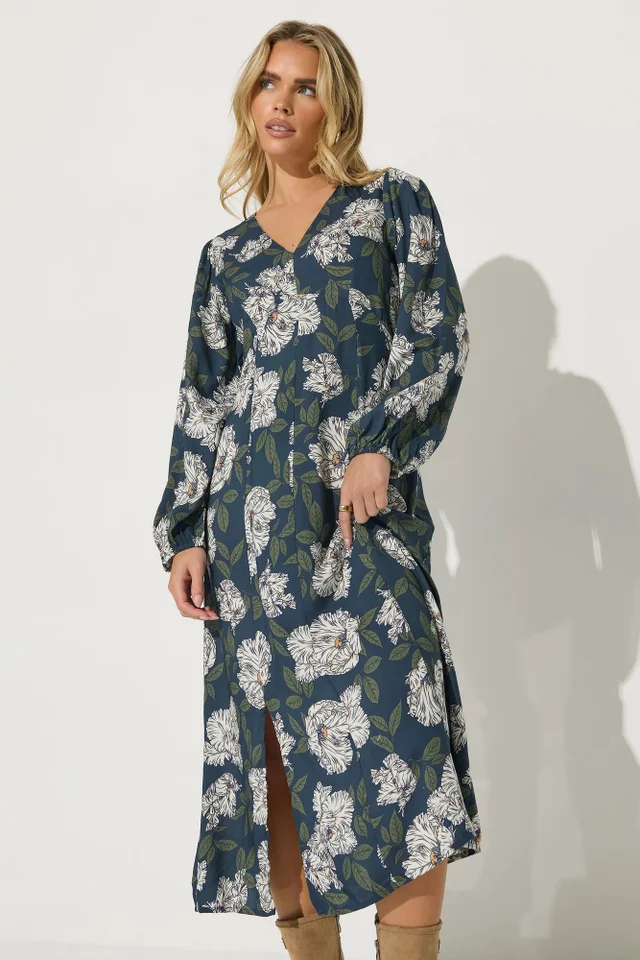 PixieGirl Petite Navy Blue Floral Midi Tea Dress