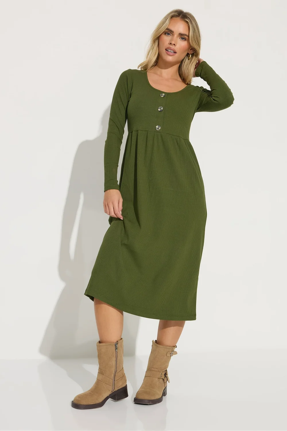 PixieGirl Petite Khaki Green Ribbed Button Midaxi Dress - 6 Image 2