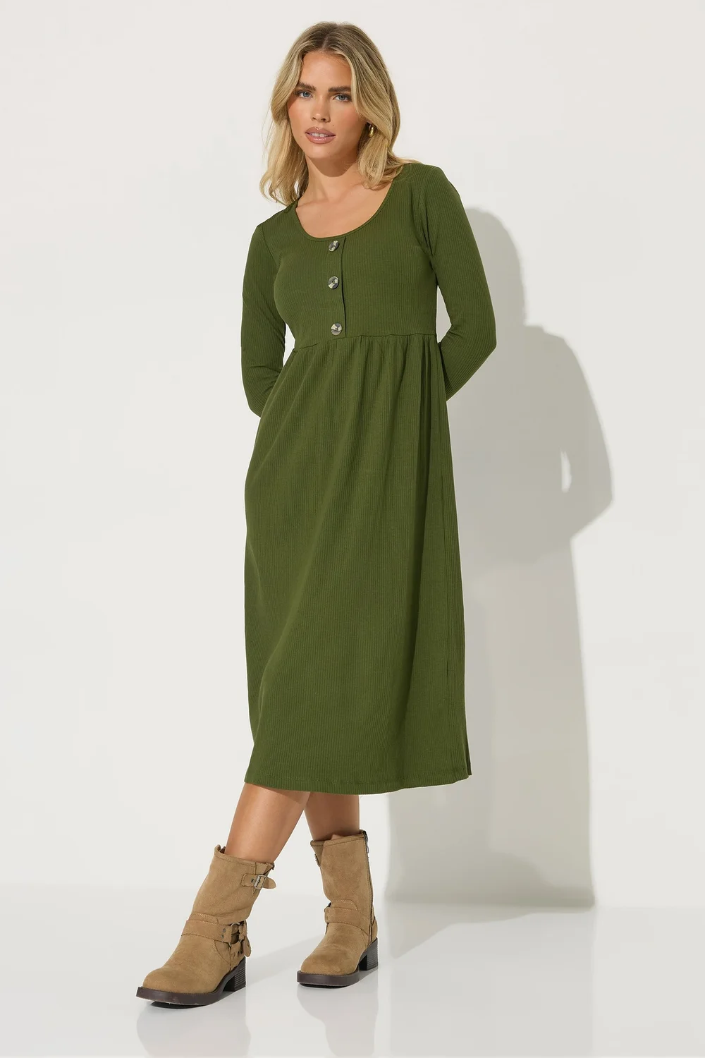PixieGirl Petite Khaki Green Ribbed Button Midaxi Dress - 6 Image 1