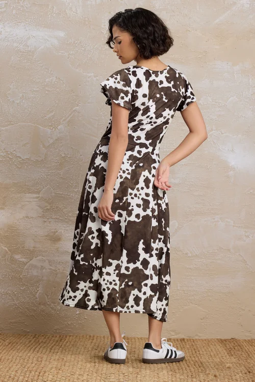 PixieGirl Petite Brown Cow Print Flutter Sleeve Dress - 18 Image 3