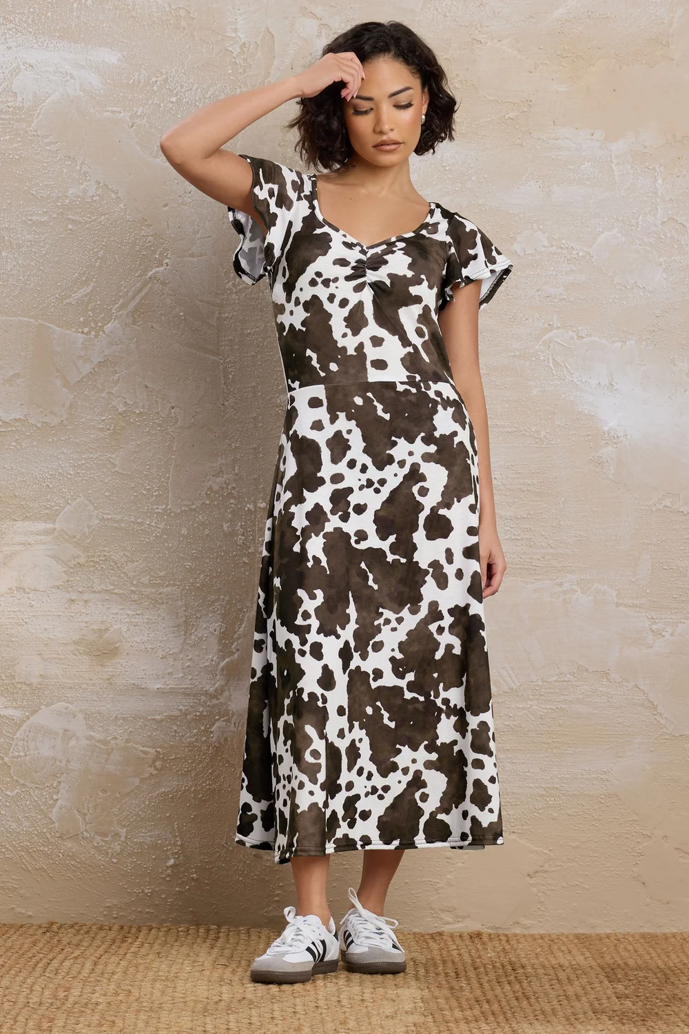 PixieGirl Petite Brown Cow Print Flutter Sleeve Dress - 18 Image 2