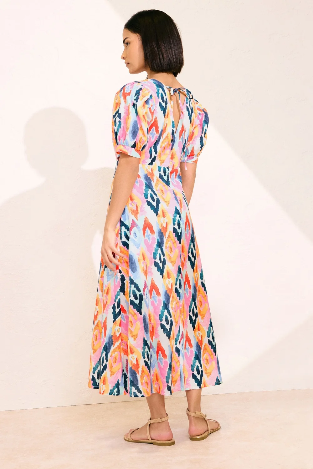 PixieGirl Petite Pink Linen Abstract Puff Sleeve Midaxi Dress - 16 Image 4