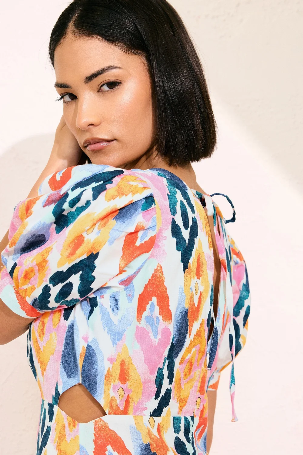 PixieGirl Petite Pink Linen Abstract Puff Sleeve Midaxi Dress - 16 Image 5