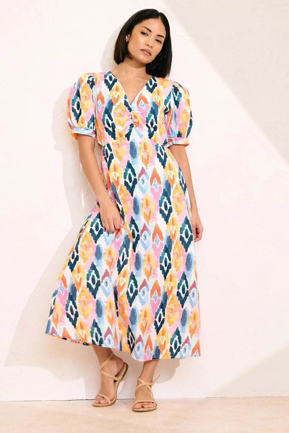 PixieGirl Petite Pink Linen Abstract Puff Sleeve Midaxi Dress - 16 Image 3