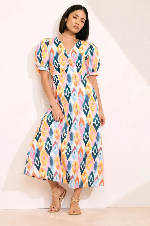 PixieGirl Petite Pink Linen Abstract Puff Sleeve Midaxi Dress - 16 Image 3