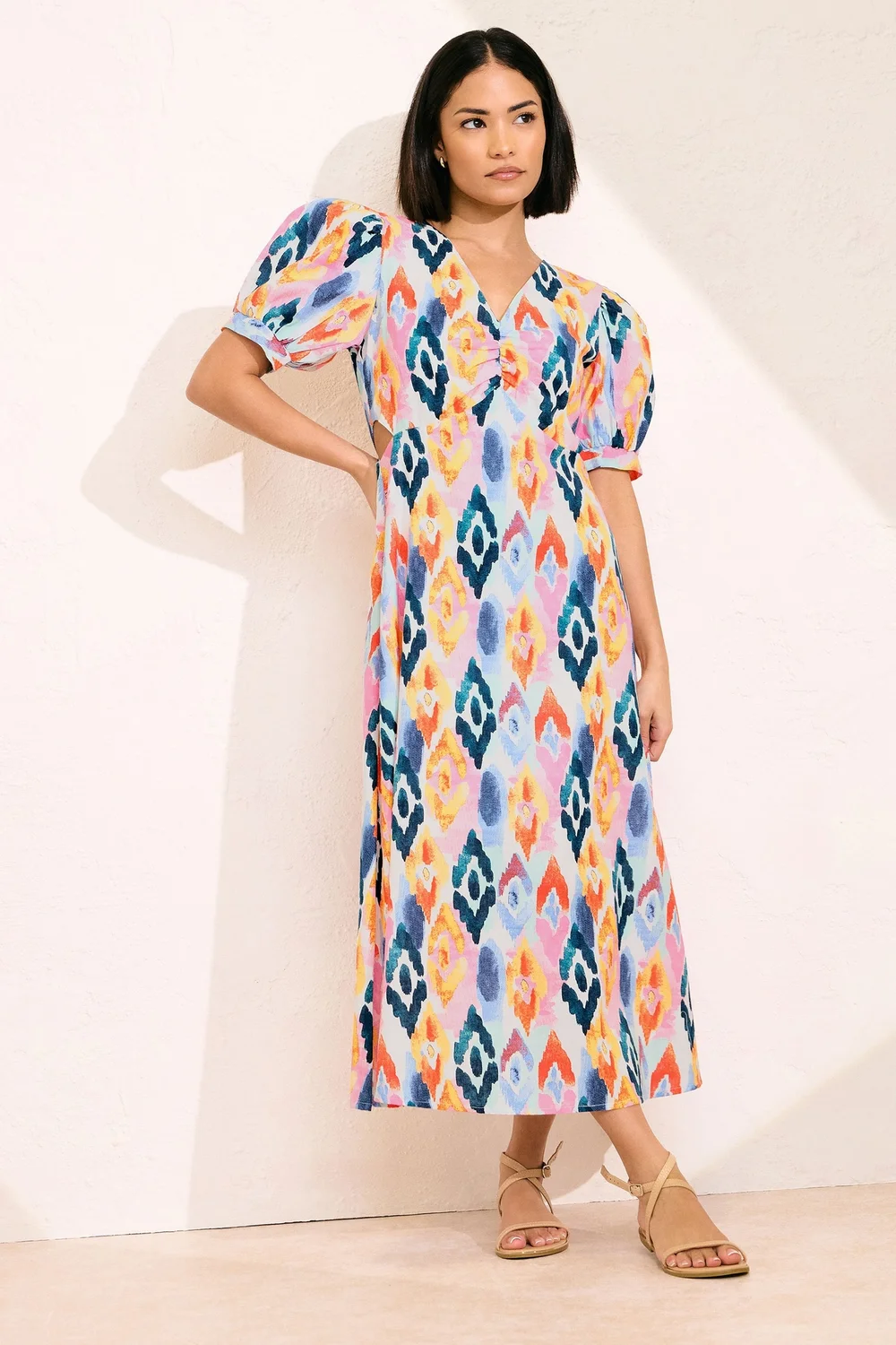 PixieGirl Petite Pink Linen Abstract Puff Sleeve Midaxi Dress - 16 Image 2