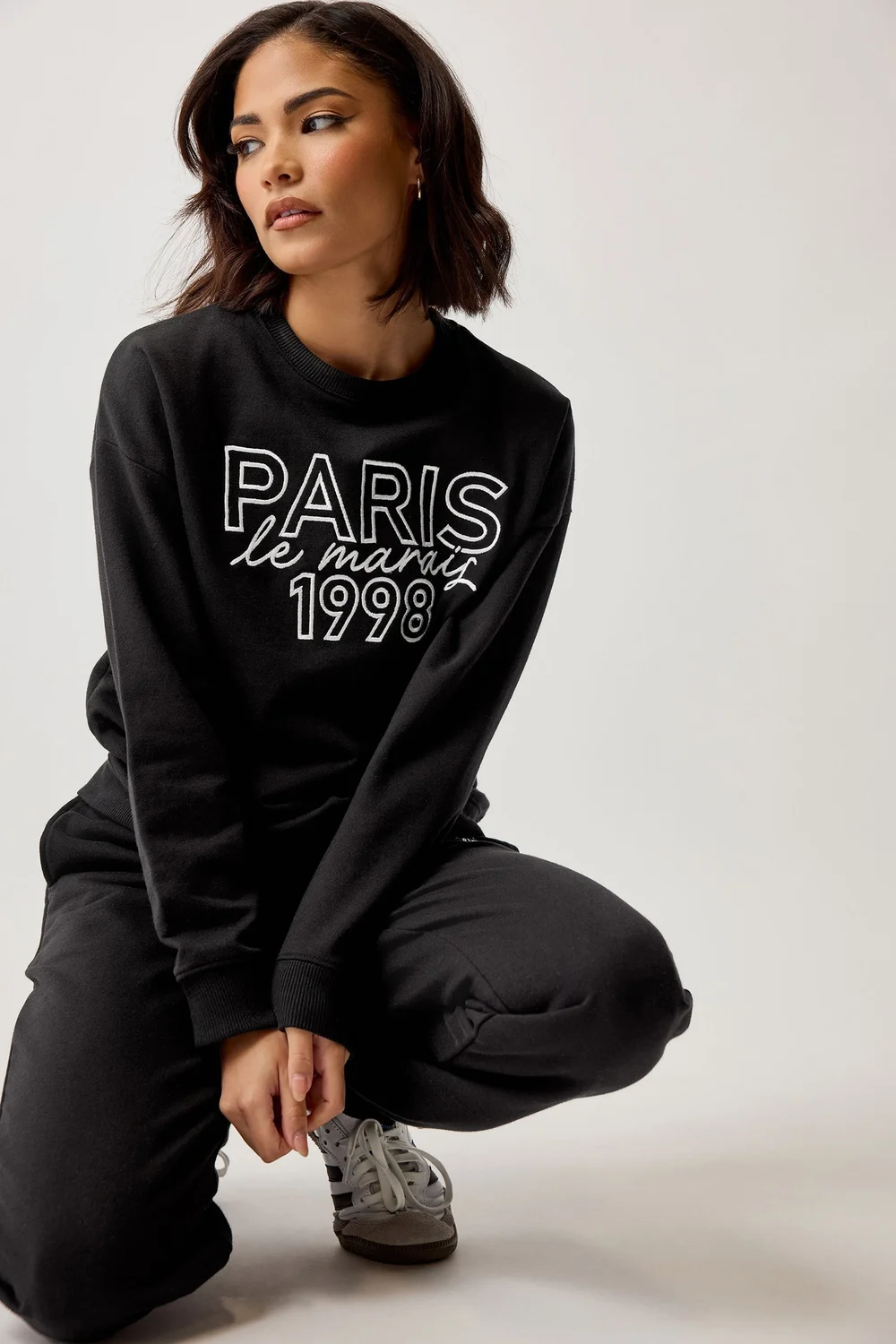 PixieGirl Petite Black Jersey 'Paris' Slogan Sweatshirt - 8 Image 1