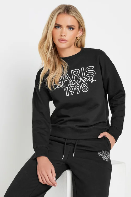 PixieGirl Petite Black Jersey 'Paris' Slogan Sweatshirt - 8 Image 3
