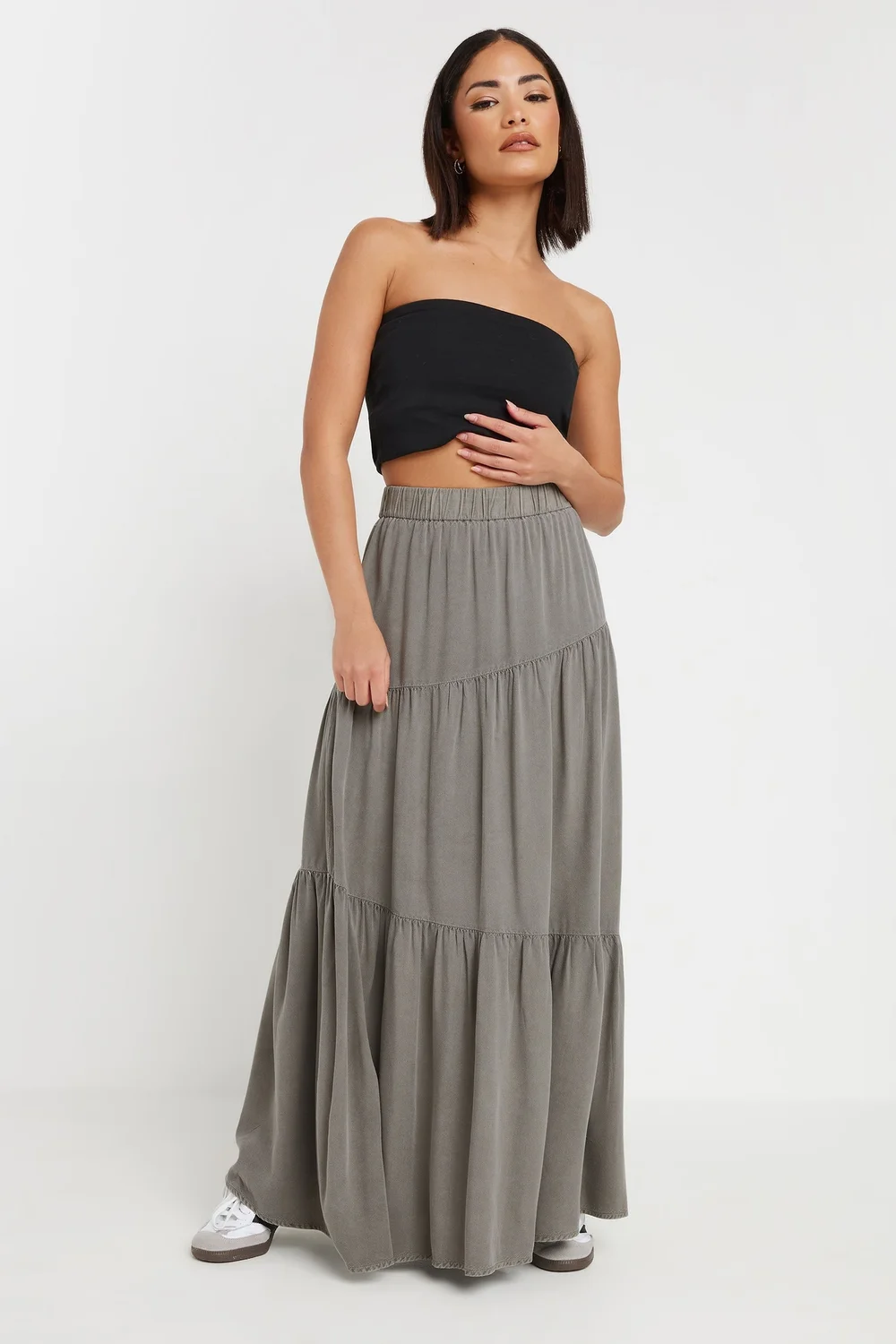 PixieGirl Petite Charcoal Grey Asymmetric Tiered Maxi Skirt - Size 10 Image 2
