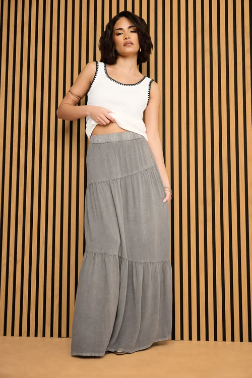 PixieGirl Petite Charcoal Grey Asymmetric Tiered Maxi Skirt - Size 10 Image 1