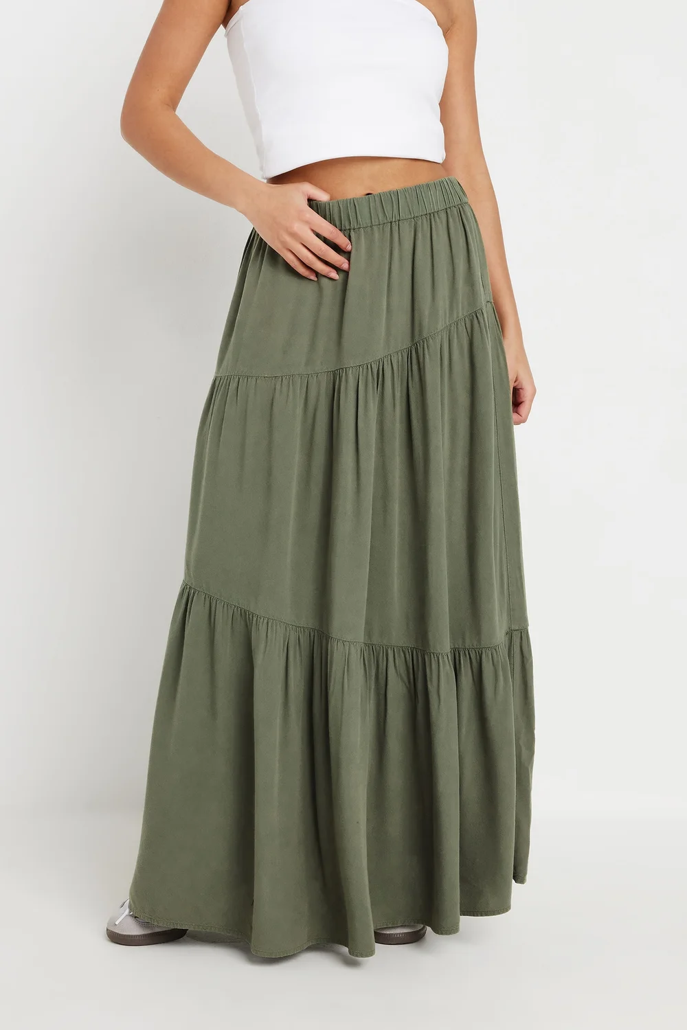 PixieGirl Petite Khaki Green Asymmetric Tiered Maxi Skirt - Size 12 Image 2