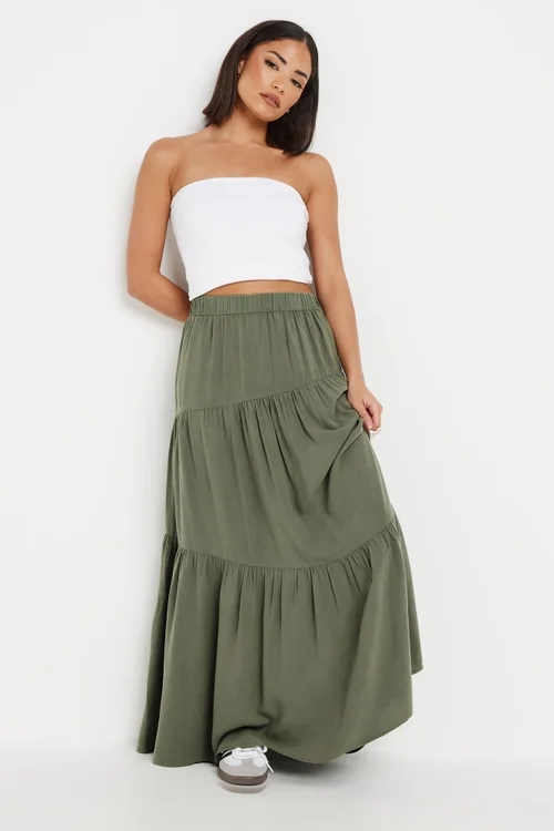 PixieGirl Petite Khaki Green Asymmetric Tiered Maxi Skirt - Size 12 Image 1