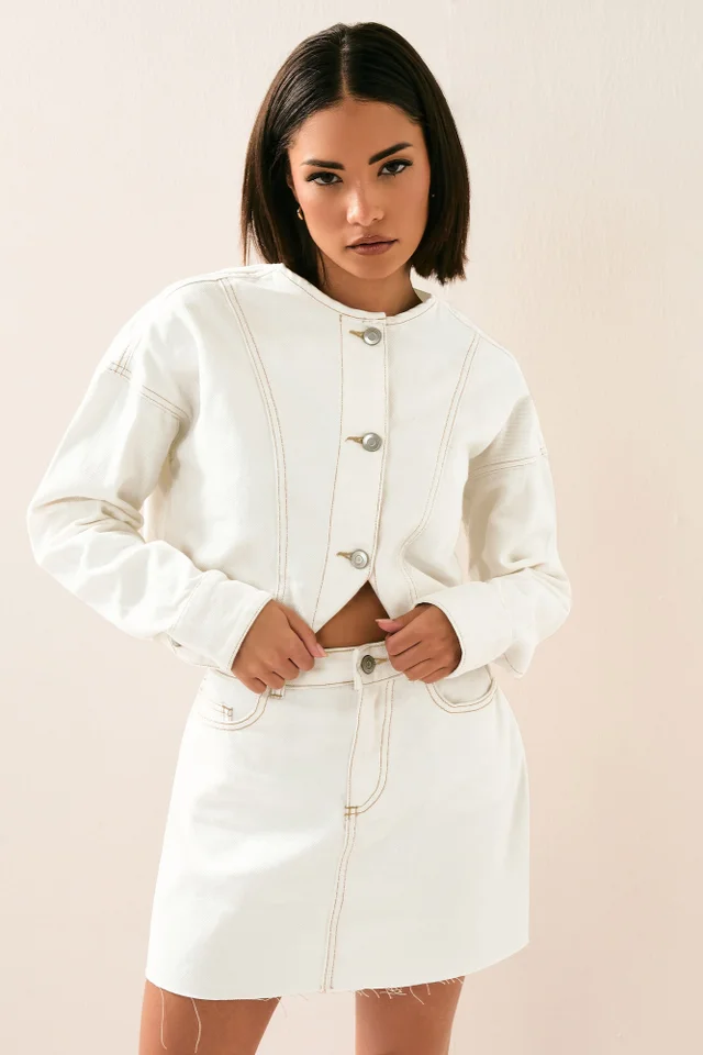 PixieGirl Petite Cream Denim Contrast Stitch Mini Skirt