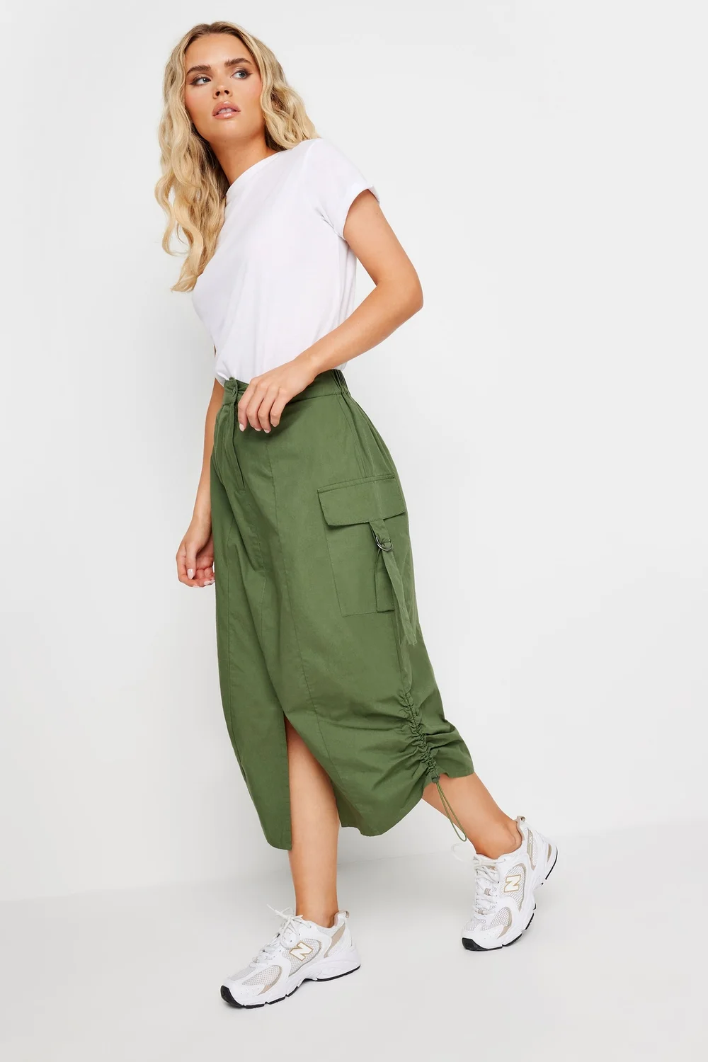 PixieGirl Petite Khaki Green Cargo Ruched Midi Skirt - Size 10 Image 1