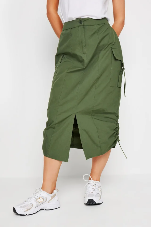 PixieGirl Petite Khaki Green Cargo Ruched Midi Skirt