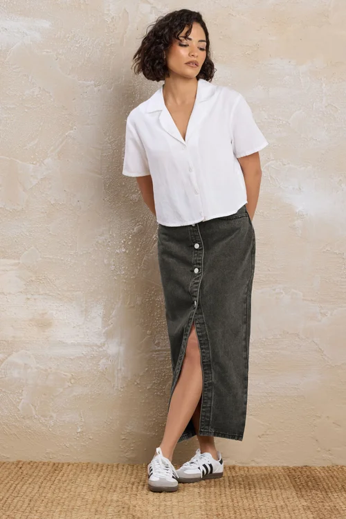 PixieGirl Petite Black Denim Button Midi Skirt - Size 14 Image 2