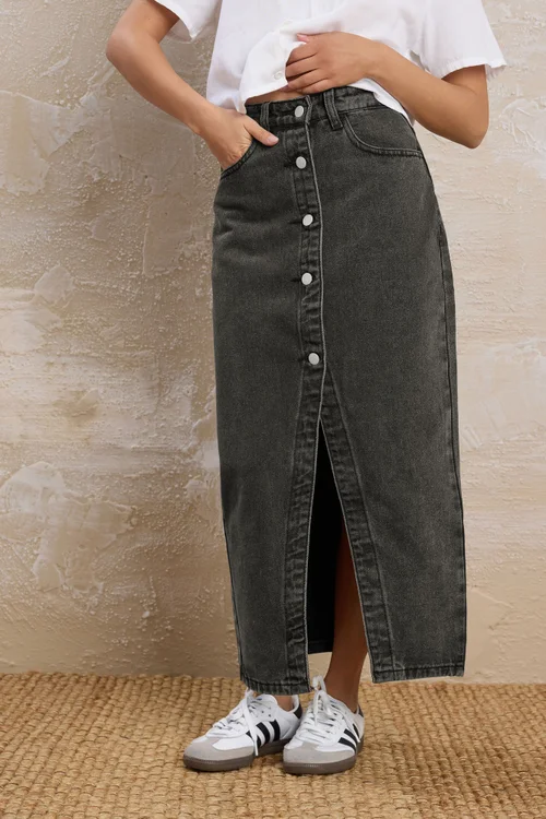 PixieGirl Petite Black Denim Button Midi Skirt - Size 14 Image 1