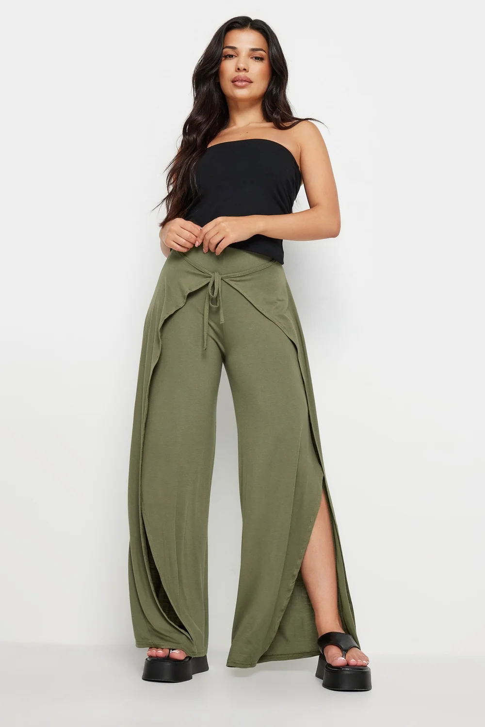 PixieGirl Petite Khaki Green Wide Leg Wrap Trousers - 10/L27 Image 1