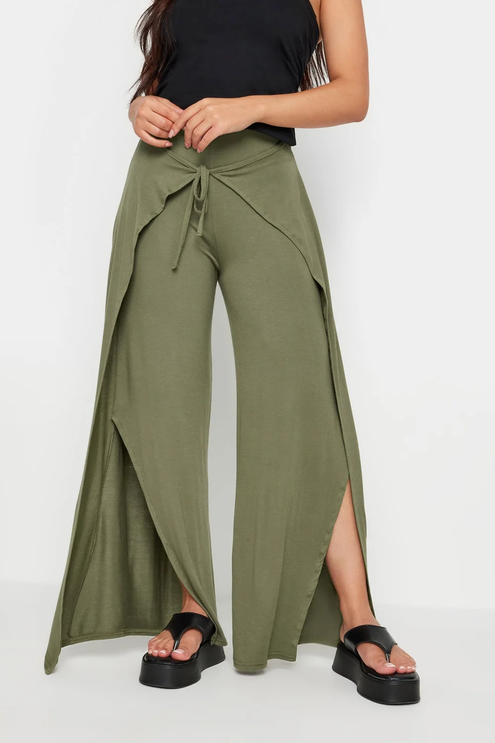 PixieGirl Petite Khaki Green Wide Leg Wrap Trousers - 12/L27 Image 3