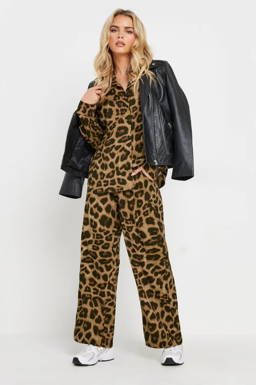 PixieGirl Petite Brown Leopard Print Drawstring Wide Leg Trousers - 6 Image 1