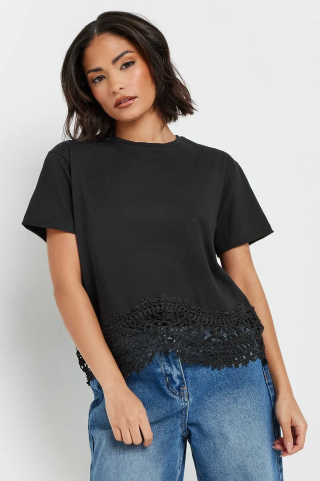 PixieGirl Petite Black Crochet Hemline T-Shirt
