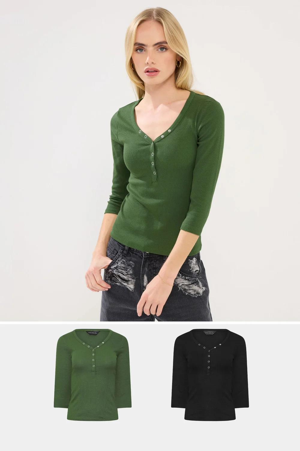 PixieGirl Petite 2 Pack Black & Khaki Green Button Henley Tops - Size 16 Image 1
