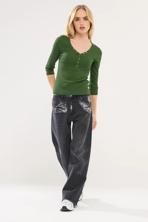 PixieGirl Petite 2 Pack Black & Khaki Green Button Henley Tops - Size 16 Image 3