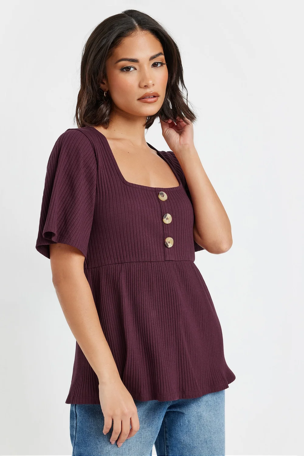 PixieGirl Petite Burgundy Red Ribbed Smock Top - Size 12 Image 1