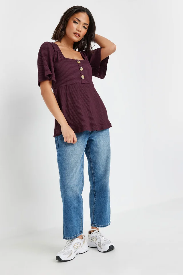 PixieGirl Petite Burgundy Red Ribbed Smock Top