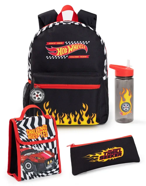 Vanilla Underground Hot Wheels Checkerboard Flame Kids Black 4 Piece Backpack Set - One Size Image 1