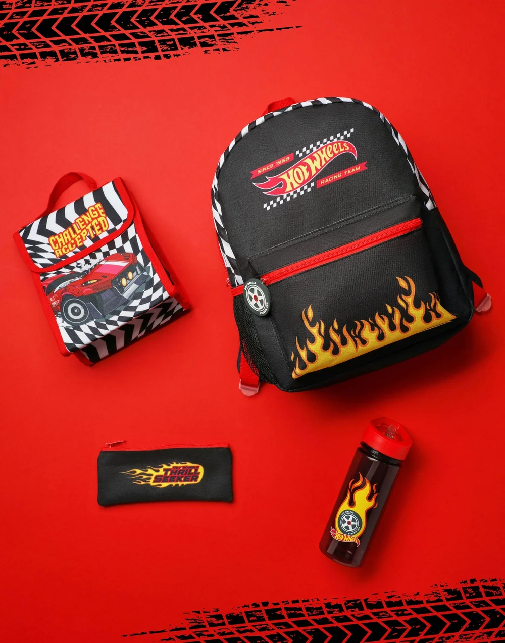 Vanilla Underground Hot Wheels Checkerboard Flame Kids Black 4 Piece Backpack Set - One Size Image 2