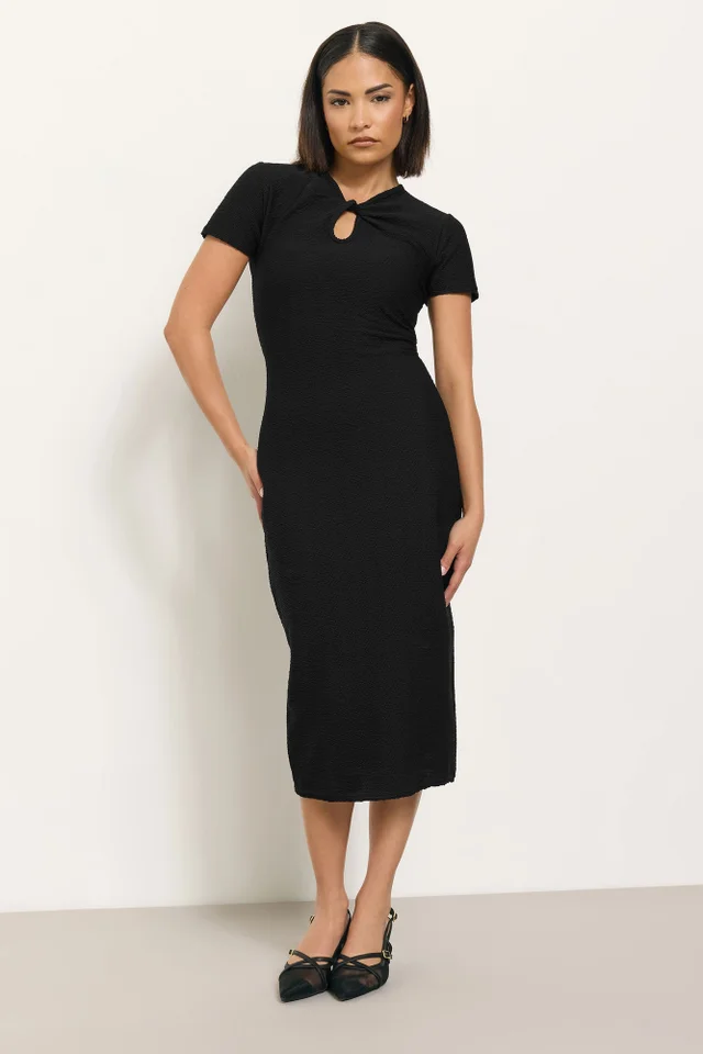 PixieGirl Petite Black Twist Neck Textured Midi Dress