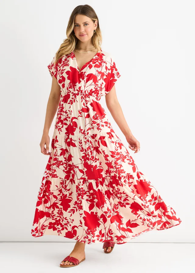 Gini London Red Floral Elastic Waist Maxi Dress