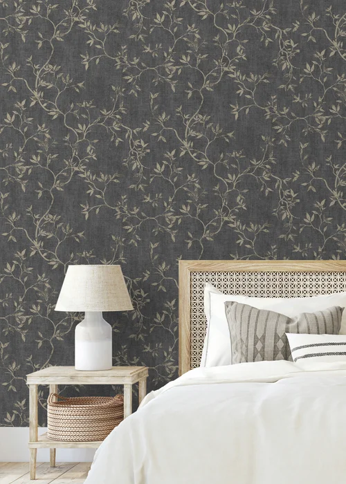 Darcy James Japandi Leaf Charcoal & Gold Wallpaper - One Size Image 2