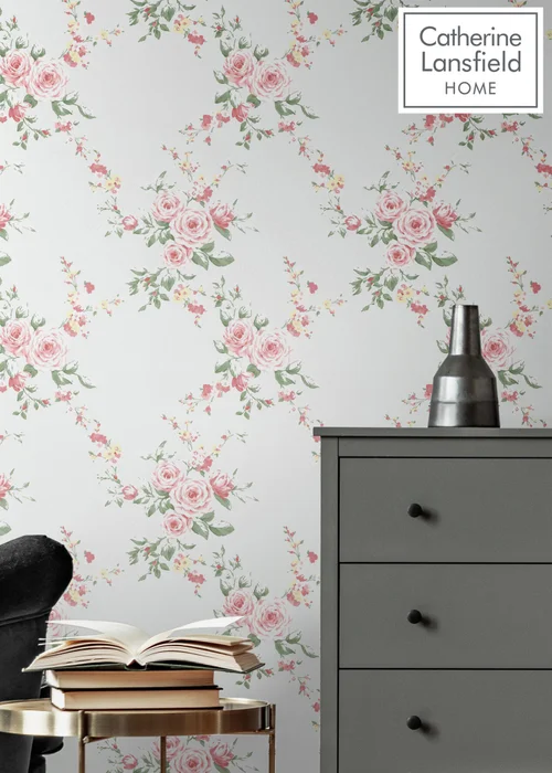 Catherine Lansfield Canterbury Floral Soft Grey & Red Wallpaper - One Size Image 2