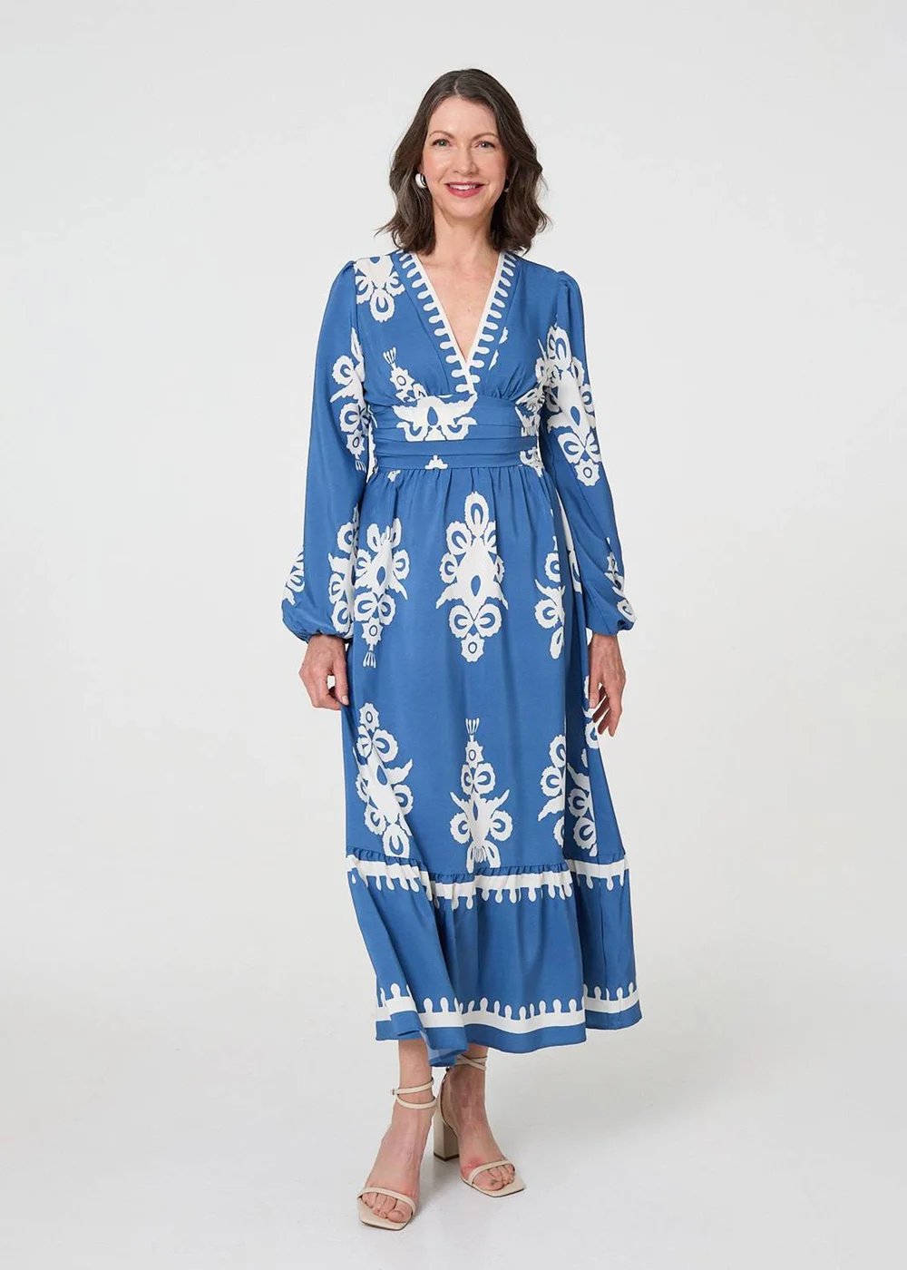 Izabel London Blue Ikat Print Empire Kimono Maxi Dress - S Image 1