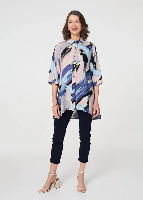 Izabel London Blue Brushstroke Print Collared Relaxed Shirt - S Image 4
