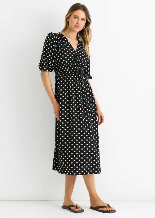 Gini London Black Spot Print Shirred Waist Shift Midi Dress - 10 Image 4