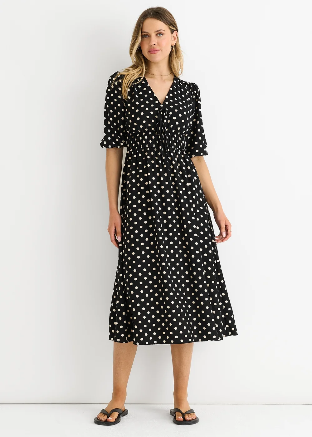 Gini London Black Spot Print Shirred Waist Shift Midi Dress - 10 Image 1