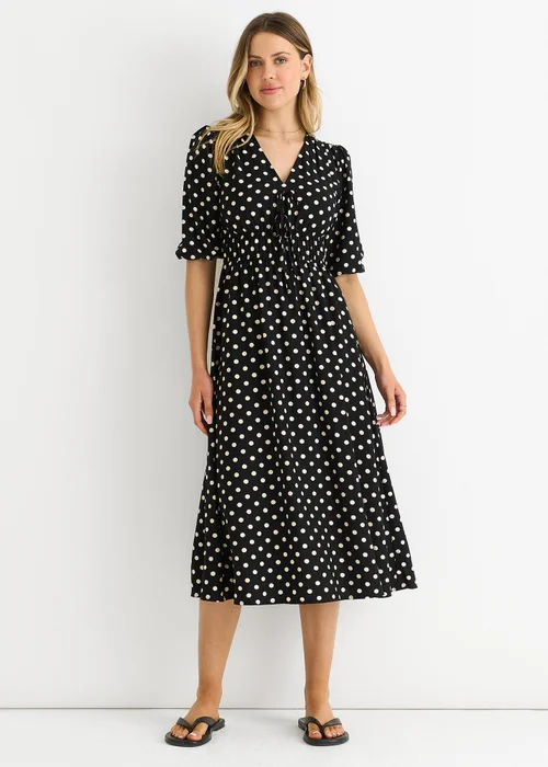 Gini London Black Spot Print Shirred Waist Shift Midi Dress - 10 Image 1