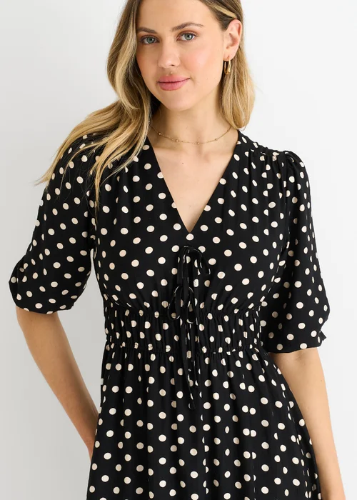 Gini London Black Spot Print Shirred Waist Shift Midi Dress - 10 Image 3