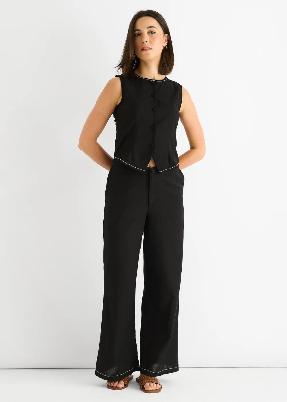 Gini London Black Cotton Contrast Stitch Detail Waist Coat - 12 Image 1