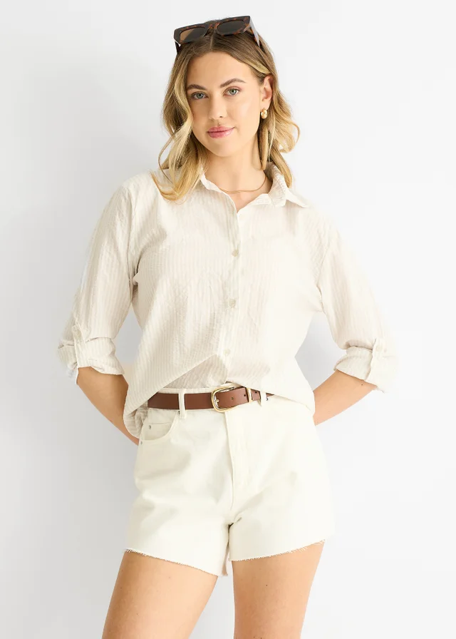 Gini London Beige Cotton Stripe Roll Up Sleeves Shirt