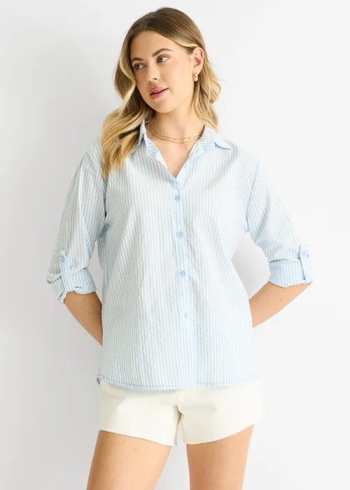 Gini London Blue Cotton Stripe Roll Up Sleeves Shirt - L/XL Image 3