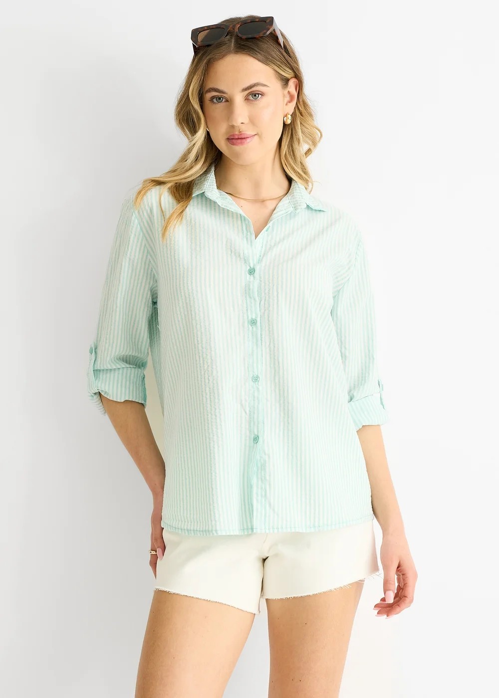 Gini London Sage Green Cotton Stripe Roll Up Sleeves Shirt - L/XL Image 1