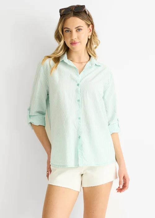 Gini London Sage Green Cotton Stripe Roll Up Sleeves Shirt - L/XL Image 1